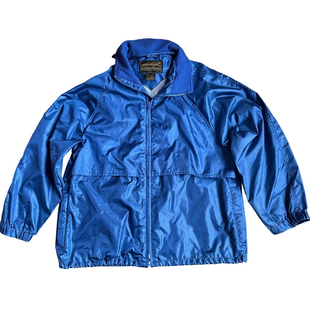 Eddie‎ Bauer Vintage Women Blue Hooded Nylon Windbreaker Jacket Packable Med EUC